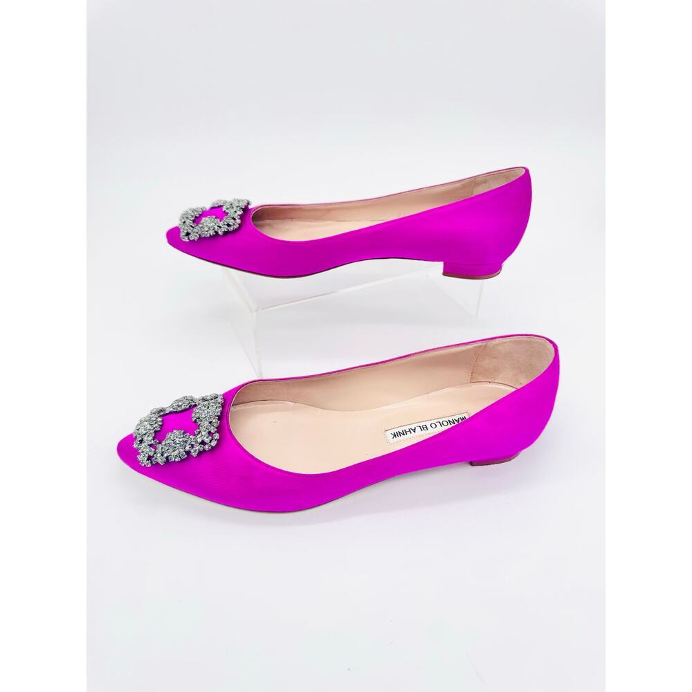 Manolo Blahnik Hangisi Pink Satin Crystal Embellished Buckle Flats Shoes EU 38 - Picture 8 of 10